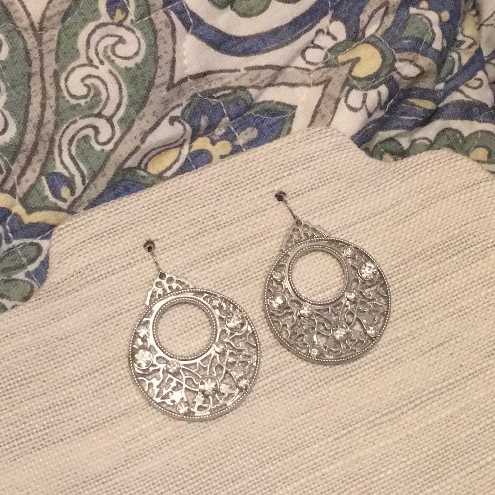 Large 2.25” silver and rhinestone earrings